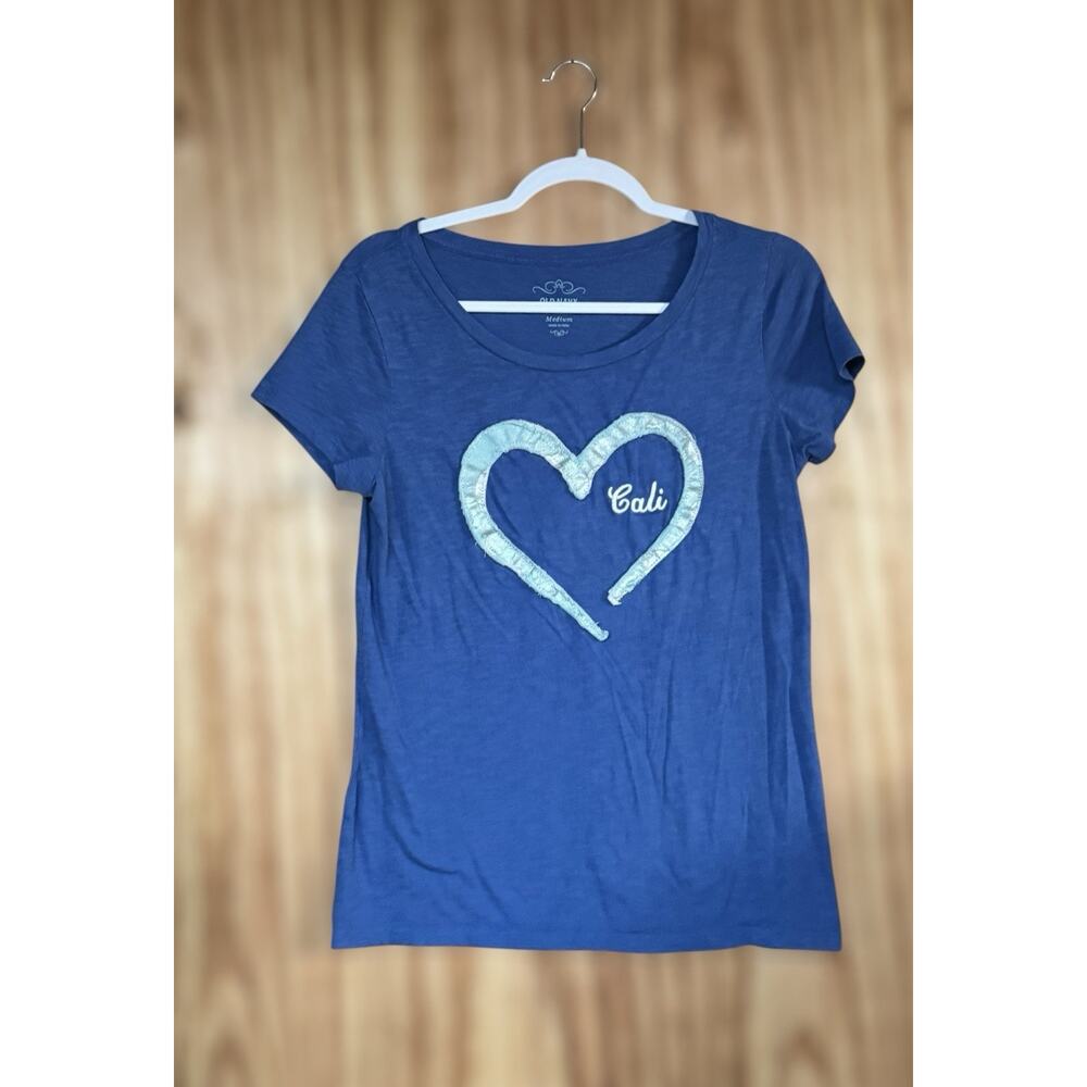 Y2K Old Navy Cali Cool Heart Tee Sz M Blue Faded Distressed Retro Casual Skater